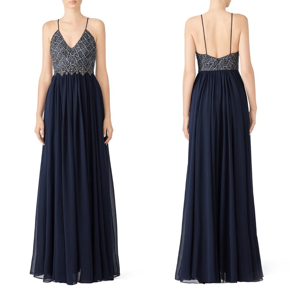 $1,100 BADGLEY MISCHKA Lace Metallic Flowy gown 2 - Picture 5 of 13